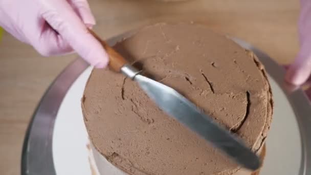 Banketbakker vrouw is smeren chocolade crème op spons cake — Stockvideo