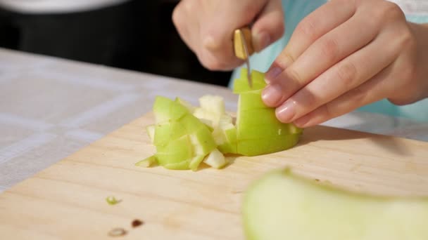 Teenager-Mädchen schneidet langsam Apfel auf kleine Stücke, Hände Nahaufnahme. — Stockvideo