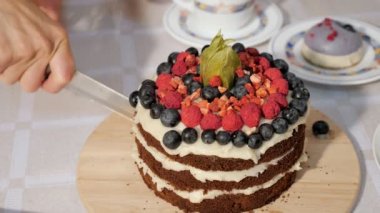 Kadın taze çilek süslenmiş krema ve sünger kek katmanları ile doğum günü ev yapımı çikolatalı kek bir parça keser