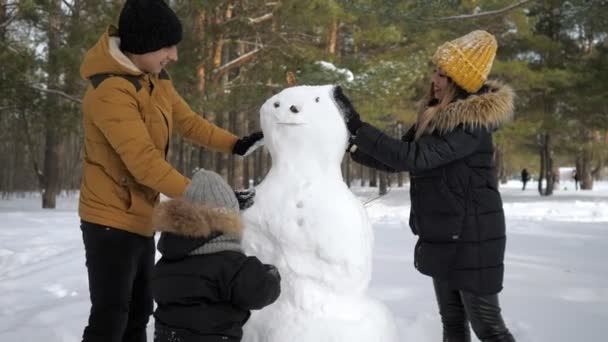 Ευτυχισμένη οικογένεια μαμά, ο μπαμπάς και ο γιος κάνουν ένα χιονάνθρωπο στο χειμερινό πάρκο της πόλης. — Αρχείο Βίντεο