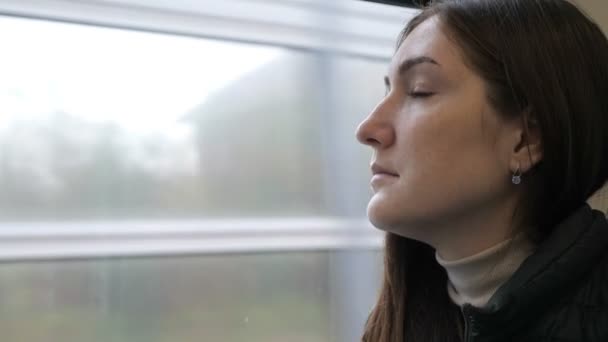 Femme dans le train. Elle est assise et regarde par la fenêtre . — Video