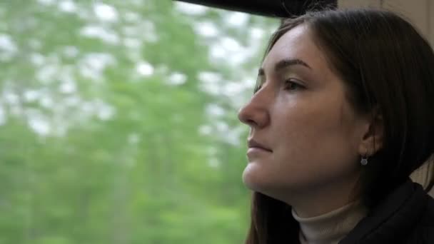 Mujer en el tren. Ella está sentada y mirando por la ventana . — Vídeos de Stock