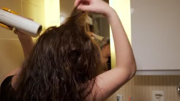 女性のブルネットは、バスルームでヘアドライヤーで彼女の長い髪を乾燥しています. — ストック動画