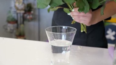 Kadın profesyonel çiçekçi çiçekçi vazo üzerine gül koyar, eller closeup.