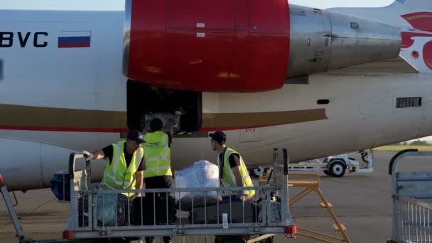 Nizhnekamsk, Russia, 25-05-2019: Porters load luggage in plane before departure. — Stock Video