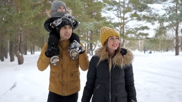 Familia, mamá, hijo y papá están caminando tigether en el parque de invierno . — Vídeos de Stock