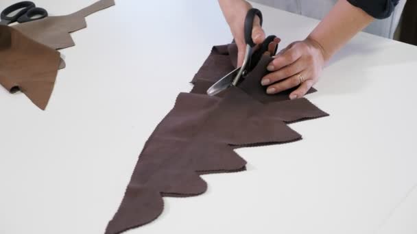 Mulher alfaiate corte detalhes de tecido funciona no negócio oficina de alfaiataria . — Vídeo de Stock