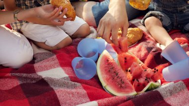 kesilmiş karpuz plastik bardak ve şeftali suyu ile battaniye