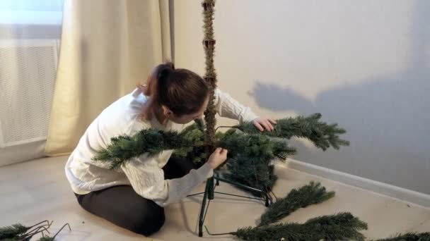 Dame met paardenstaart inserts kunstmatige kerstboom tak — Stockvideo