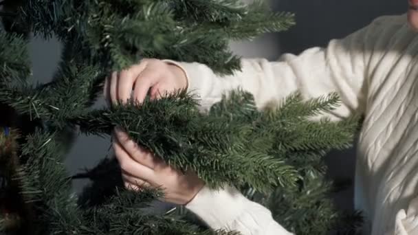 セーターの幸せな女性は緑のクリスマスツリーをまっすぐにします — ストック動画