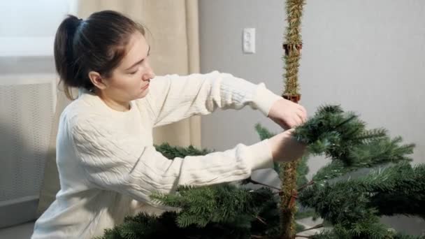 Señora con coleta inserta rama artificial árbol de navidad — Vídeo de stock