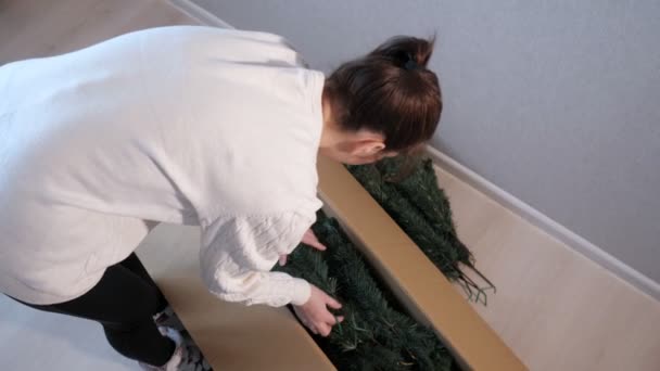 Γυναίκα παίρνει τεχνητή χριστουγεννιάτικο δέντρο κλαδιά έξω από το κουτί — Αρχείο Βίντεο