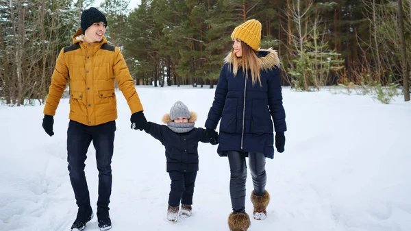 Portrait of happy family walk in winter day. — Stock Photo, Image
