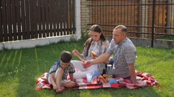 Feliz joven mujer y hombre sentarse con pequeño niño en el césped — Vídeo de stock