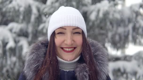 Belle femme brune dans une forêt de sapins — Video