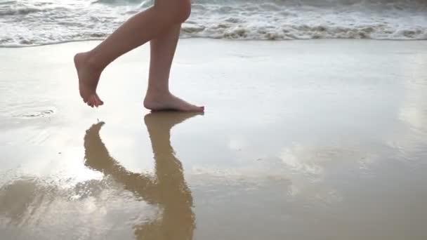 Mulher descalça caminha ao longo da praia do oceano vazio no dia agradável — Vídeo de Stock