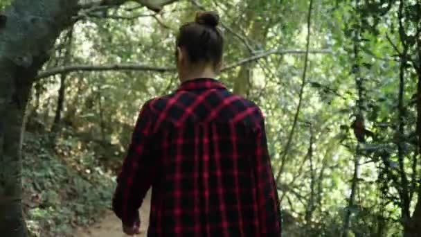 Jonge vrouw geniet van trekking in weelderig tropisch regenwoud — Stockvideo