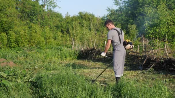 Man i arbetar uniform klippor gräs med en trimmer — Stockvideo
