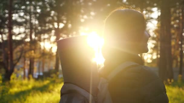 Jovem feliz com mochila ao pôr-do-sol numa floresta. Brilho solar — Vídeo de Stock