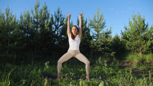 女瑜伽手在小松树和蓝天慢动作的背景下在地毯上进行练习 — 图库视频影像