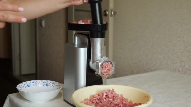 Vrouw gehakt met behulp van een elektrische molen — Stockvideo