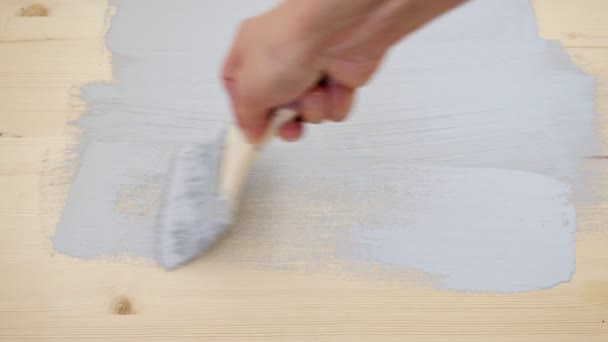 Hombre pinta superficie de madera limpia con color gris claro usando cepillo en habitación espaciosa — Vídeos de Stock