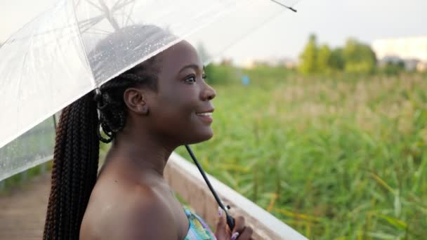 Mujer afroamericana con paraguas transparente en puente — Vídeo de stock