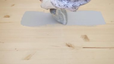 Kadın, odada açık gri renkte ahşap yüzey boyuyor.