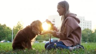 Sarışın trenler pofuduk spanyel ve köpek avucunun içine pençe koyar