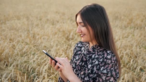 Młoda kobieta z telefonem w dojrzałym polu pszenicy w zwolnionym tempie — Wideo stockowe