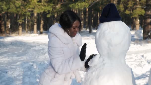 アフリカ系アメリカ人女性は冬の自然の中で雪だるまを作る — ストック動画