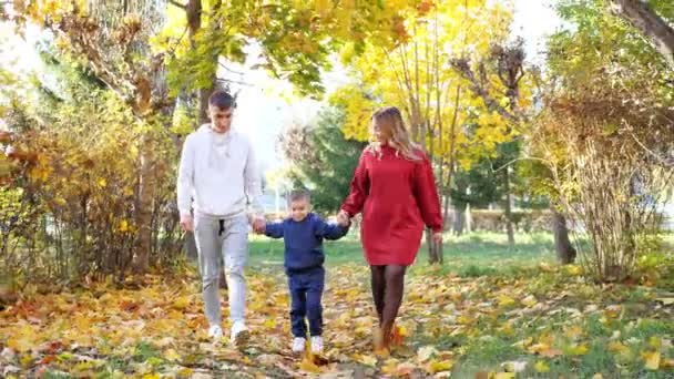 Familie spaziert mit kleinem Sohn durch Herbstpark — Stockvideo