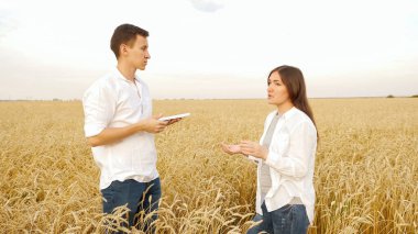Tabletli kadın ve adam olgunlaşmış buğday tarlasında konuşuyor.