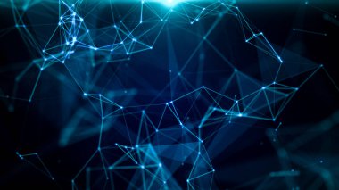 Üç boyutlu soyut geometrik arkaplan. Üçgenler, noktalar ve çizgiler parlaklıkla birleşiyor..