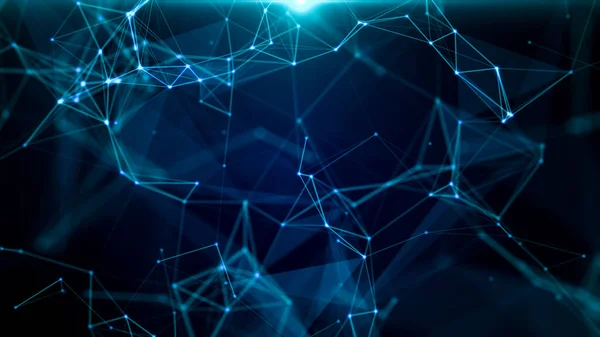 Üç boyutlu soyut geometrik arkaplan. Üçgenler, noktalar ve çizgiler parlaklıkla birleşiyor..