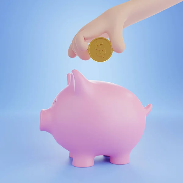 Render Illustration Cartoon Hand Holding Golden Coin Piggy Bank — Stock Photo, Image