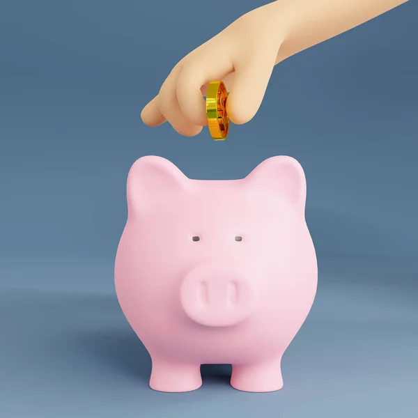 Render Illustration Cartoon Hand Holding Golden Coin Piggy Bank — Stock Photo, Image