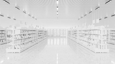 Üç boyutlu görüntüleme. Rafları olan bir süpermarket deposu.