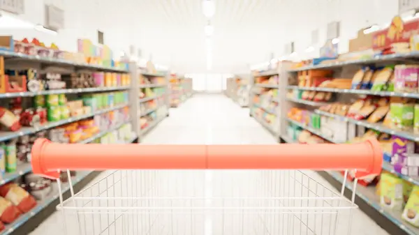 Supermarket aisle with empty red shopping cart. 3d illustration rendering