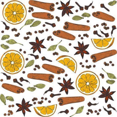 Baharatlar mulled şarap için. Elle çizilmiş tarçın, Yıldız anason, yenibahar, karanfil, kakule ve izole beyaz zemin üzerine portakal dilimleri. Renk vektör çizim.