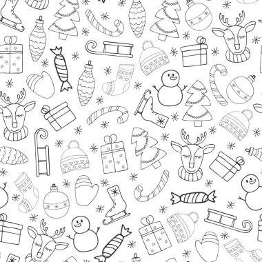 Noel seamless modeli. Tatil çizilmiş öğeleri. Beyaz üzerine siyah. Vektör çizim.
