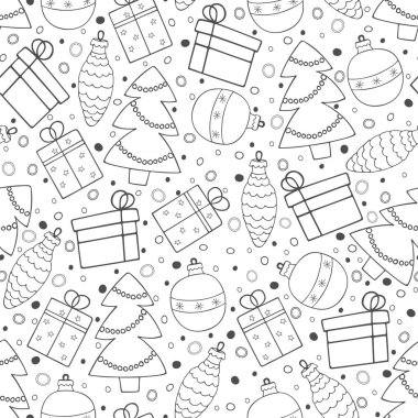 Yeni yıl desen. Festival sorunsuz arka plan: Noel ağacı, Noel oyuncak ve hediye kutuları beyaz arka plan üzerinde. Çizilmiş vektör çizim.