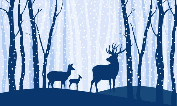 Silhouettes Deer Family Three Deer Trees Hills Winter Forest Light — Stock Vector