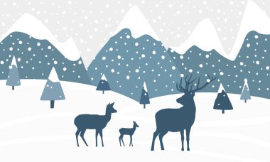 Dağlar, tepeler, geyik ve düşen kar kış manzara. Karikatür tarzı vektör çizim.