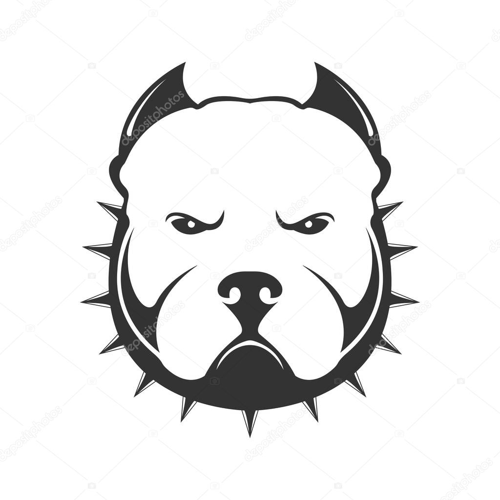 Dog logo. Portrait of angry dog in collar with thorns. Vector illustration of dog head on white background.