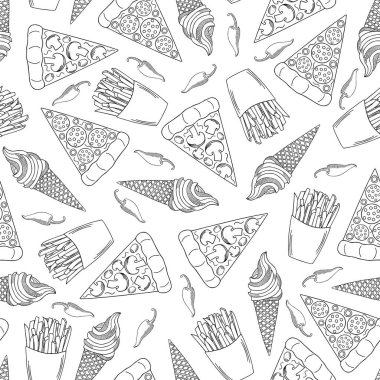 Fast food seamless modeli. Elle çizilmiş pizza parçaları, dondurma, kızarmış patates ve beyaz arka plan üzerinde acı biber. Tek renkli lokanta şablonu. Restoran menü ve iç tasarım için.