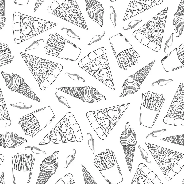 Fast food seamless modeli. Elle çizilmiş pizza parçaları, dondurma, kızarmış patates ve beyaz arka plan üzerinde acı biber. Tek renkli lokanta şablonu. Restoran menü ve iç tasarım için.