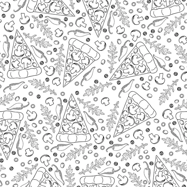 Pizza seamless modeli. Arka planda Doodle tarzı pizza ve malzemeler.