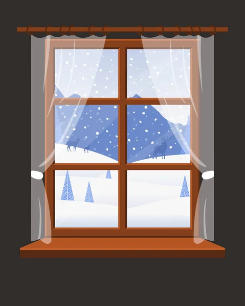 Ventana Invierno Ventana Con Vistas Paisaje Invernal Ilustración Vectorial Dibujos — Vector de stock