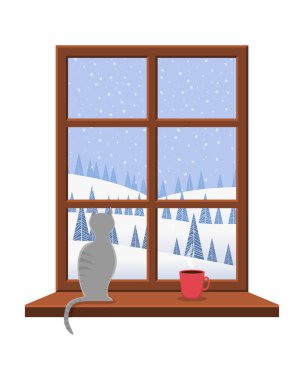 Kedi penceresinde. Gri kedi pencere pervazına üzerinde oturur ve kış manzara pencereden dışarı bakar.